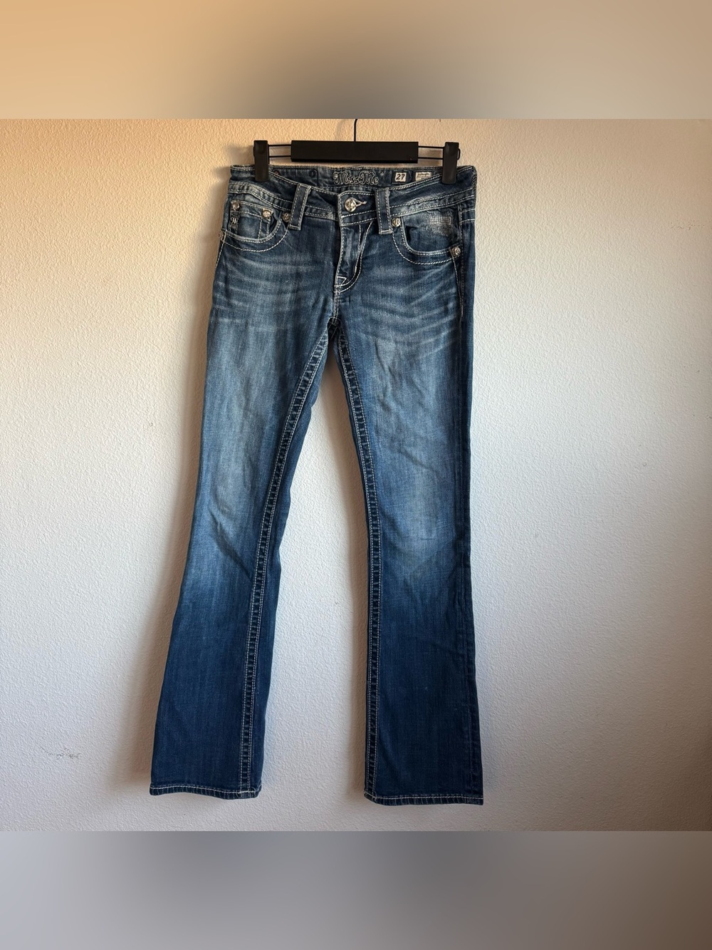 Miss Me signature boot denim blue bling pocket jeans size 27